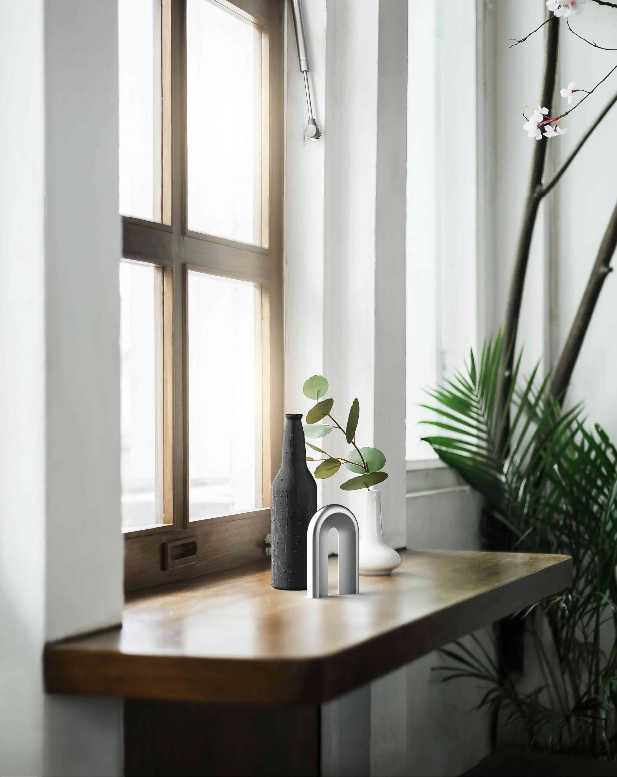 Berg on a wooden windowsill among vases and plants